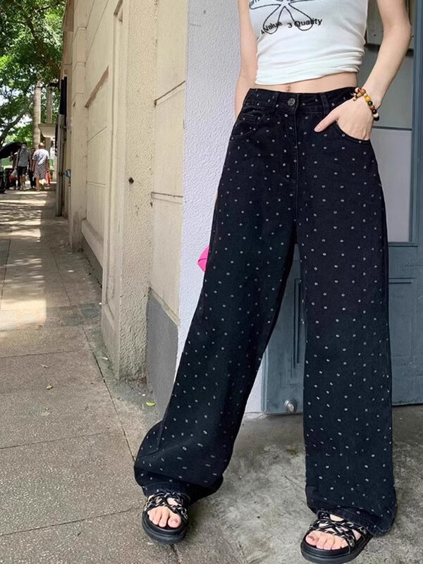 QWEEK Y2k czarne kropki jeansy damskie w stylu Vintage wysoki stan luźna szeroka nogawki spodnie w koreańskim stylu moda uliczna modne proste spodnie na co dzień