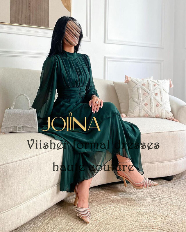 Green Chiffon Mermaid Evening Party Dresses Long Sleeve High Neck Arabic Outfits Formal Prom Dress Tea Length
