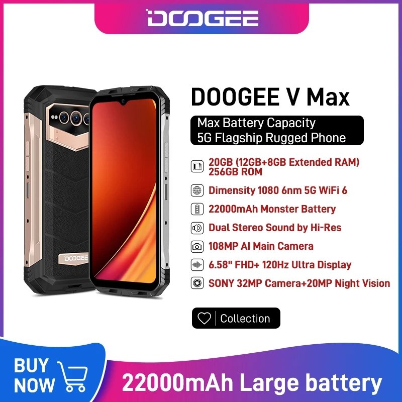 DOOGEE V Max 5G Rugged Phone 6.58 "120Hz Dimensity 1080 Hi-Res 108MP AI Câmera Principal Octa Core 12GB RAM + 256GB ROM 22000mAh Phone