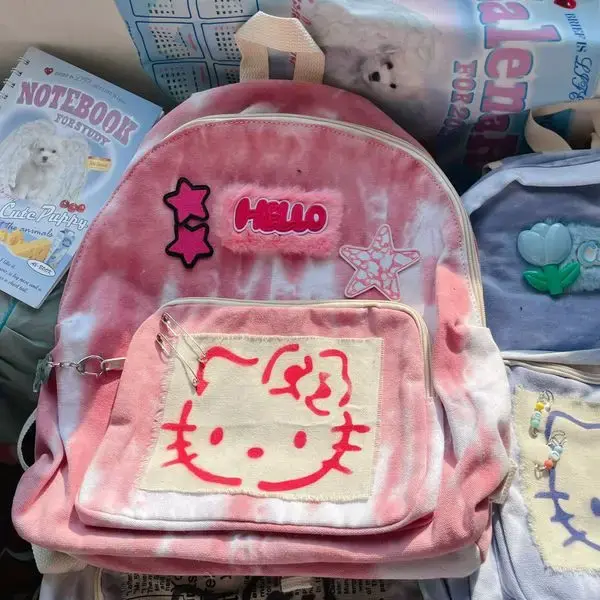 Sanrio mochila universitaria con textura de Color de contraste hecha a mano para niña, lindo gatito, Retro, Original, nuevo