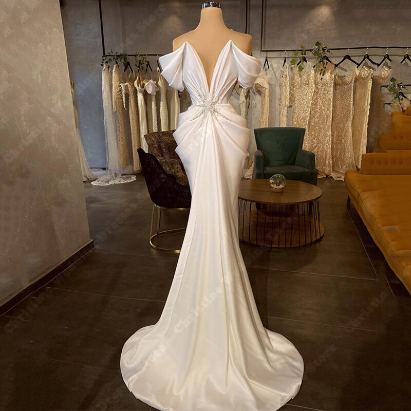 섹시한 딥 V 여성 웨딩 드레스, 연예인 오프 숄더, 인어 신부 가운, 공식 약혼 파티, 드 노비아 2024