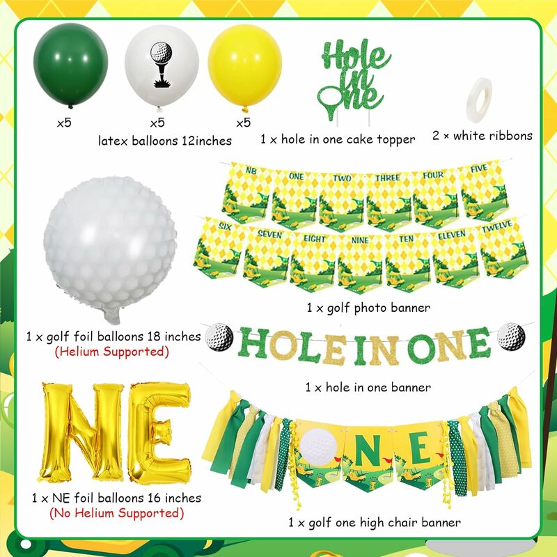 Balões de golfe para meninos, 1 ° Decoração de aniversário, buraco em um banner, foto cadeira alta banner, festa temática esportiva