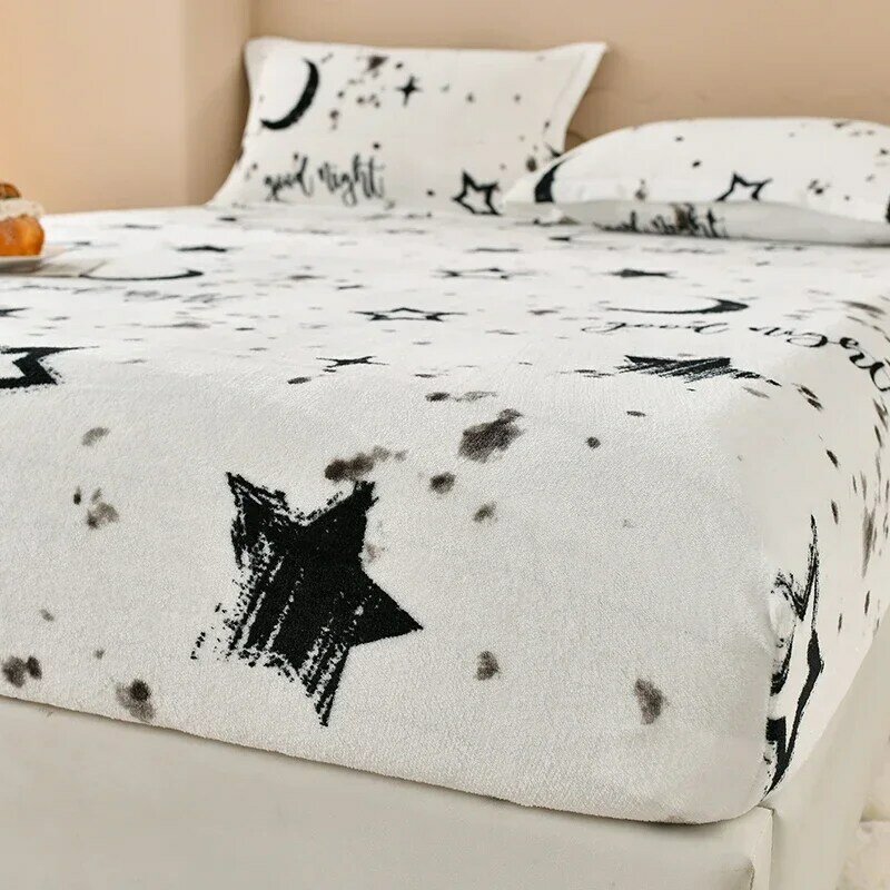 Winter Warm Fitted Sheet Stars Pinted Flannel Fleece Bed Sheet for Double Bed Queen/King Size All-inclusive Mattress Cover180