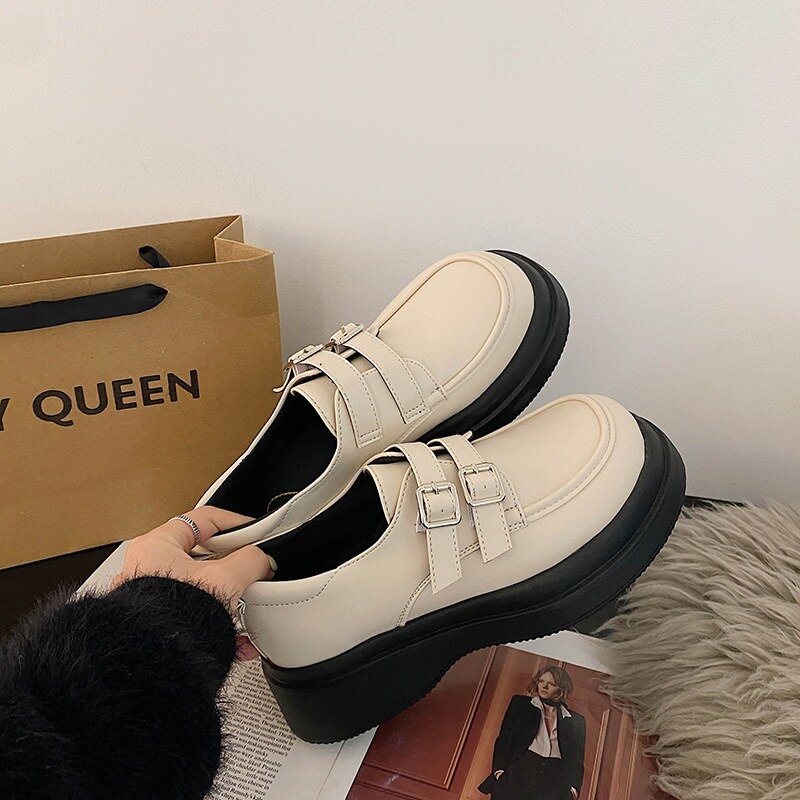 Spring Autumn Fashion Thick Sole Buckle Ladies Loafers Designer New Soft Leather Round Head British Style Casual Women's Shoes