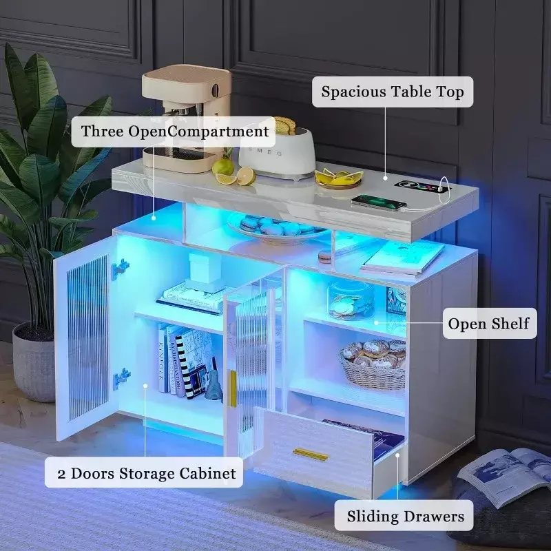39.4 "nowoczesna szafka bufetowa z kredensem LED z stacja ładowania, wysoki połysk szafka z czujnikiem światła, szafka na kawę