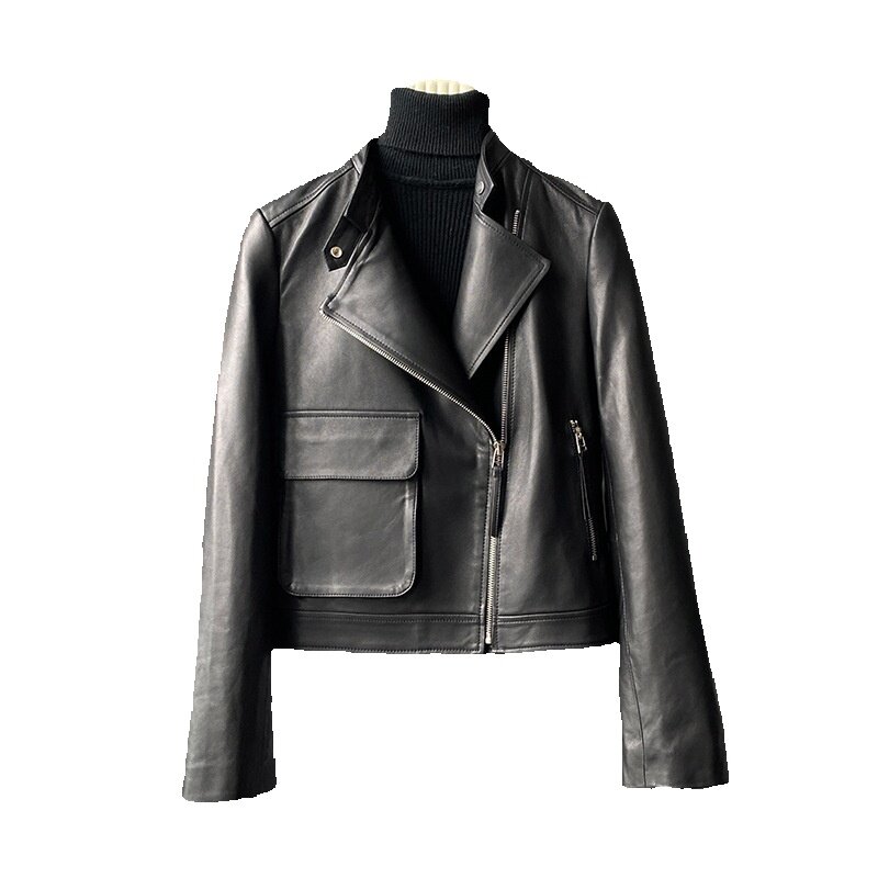 Chunxin giacca in vera pelle per donna giacca in pelle da moto Slim Fit con scollo a v in pelle di montone corta da donna