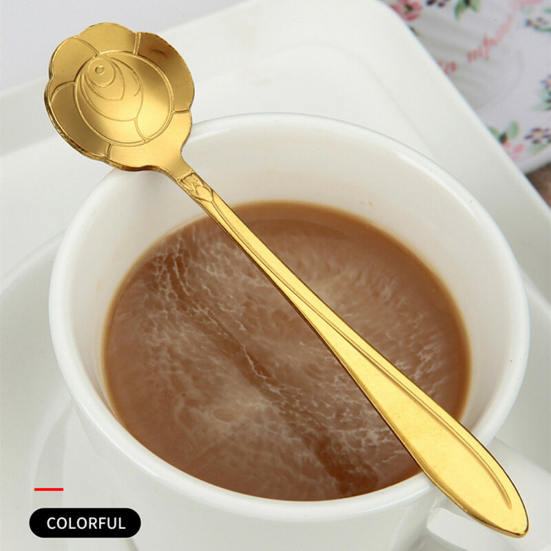 1ชิ้น set sendok ดอกไม้ช้อนชาขนาดเล็กช้อนกาแฟไอศครีมน่ารักช้อนสแตนเลสทองเงินช้อนขนมหวานสำหรับชากาแฟ