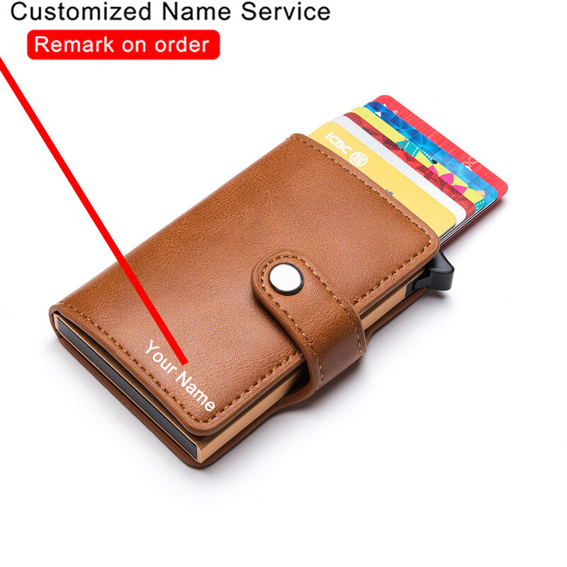 Bycobecy-tarjetero de cuero con nombre personalizado para hombre y mujer, billetera inteligente con caja de Metal RFID, tarjetero de negocios
