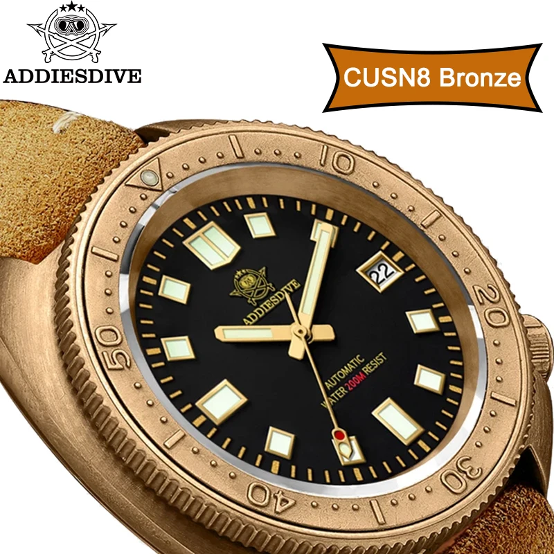 Addiesdive เคส CUSN8สีบรอนซ์นาฬิกากลไกอัตโนมัติ200m ดำน้ำนาฬิกาสะท้อนแสงพิเศษ relogios masculinos