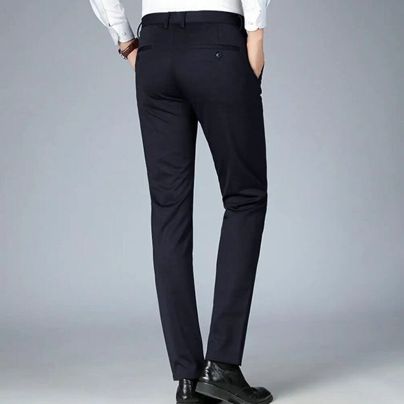 Calça masculina de cintura alta, calça de cor sólida, slim fit para negócios formal, aperto abdominal, inverno e outono