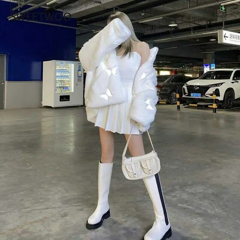 Зимнее пальто из искусственного меха 2022, женское плюшевое пальто с имитацией светоотражающей бабочки, повседневное Свободное пальто в стиле хип-хоп, женский толстый Топ
