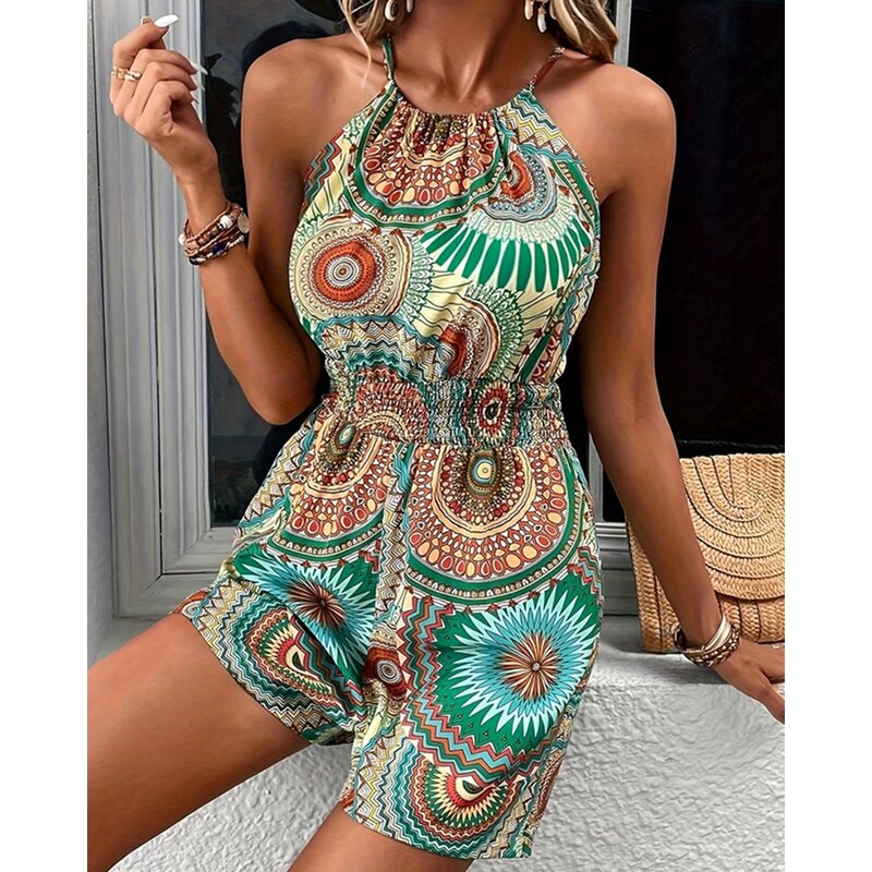 Summer Women Geometric Print Shirring Waist Design Halter Romper Femme Casual Tied Detail Sleeveless Round Neck Outfits Jumpsuit