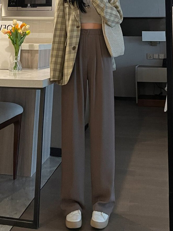 JMPR Celana Setelan Wanita Pinggang Tinggi Elastis Celana Panjang Lurus Kasual Musim Panas Celana Wanita Kantor Fashion Warna Solid