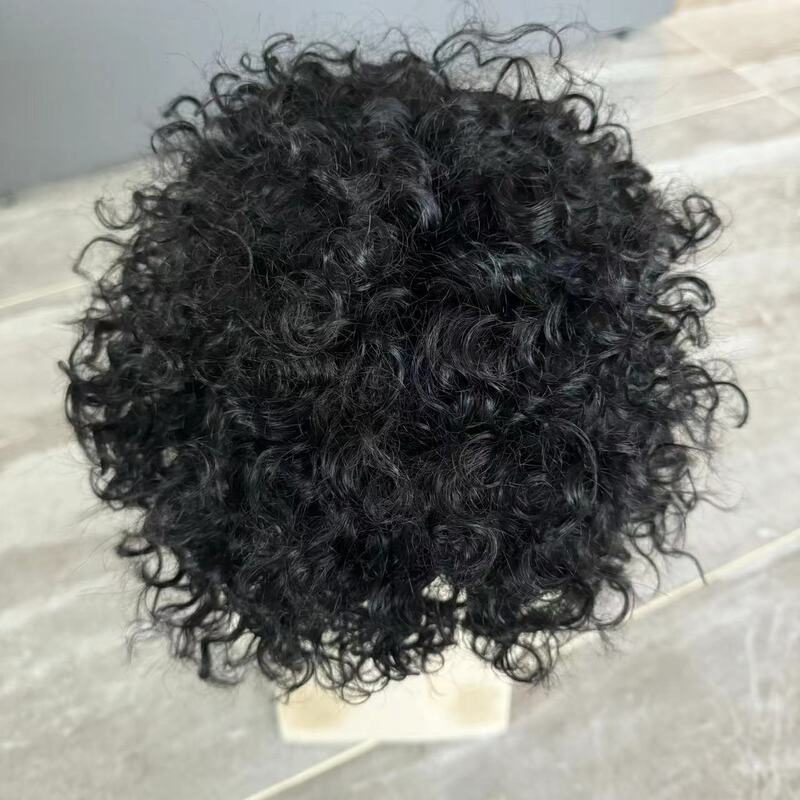 Best Quality Q6 Men Toupee Swiss Lace With PU Back Syntems 15MM Curly Breathable Replacement Capillary Prosthesis Hairpiece