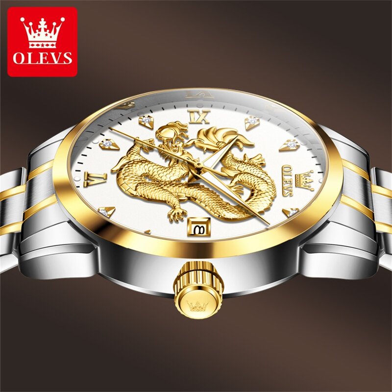 OLEVS-Reloj de acero inoxidable para hombre, cronógrafo de cuarzo con esfera de dragón tallada en 3D, diseño a la moda, resistente al agua, de lujo, nuevo