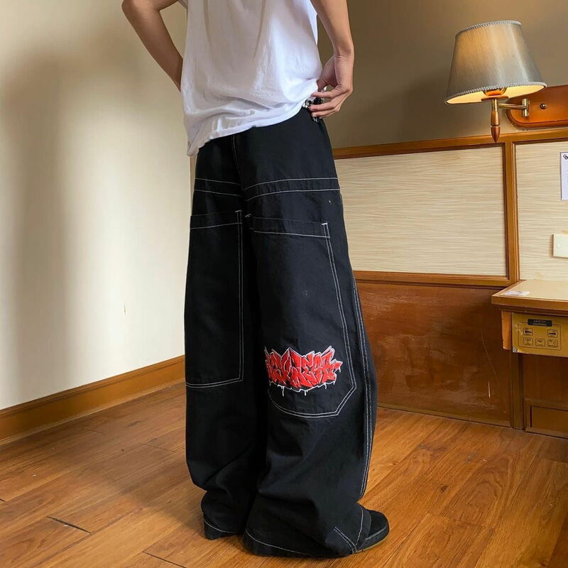 กางเกงสไตล์สตรีทสไตล์วินเทจฮิปฮอปผู้หญิงกางเกงยีนส์ไม้ถูพื้นสีล้วนมีกระเป๋าขนาดใหญ่คลาสสิก