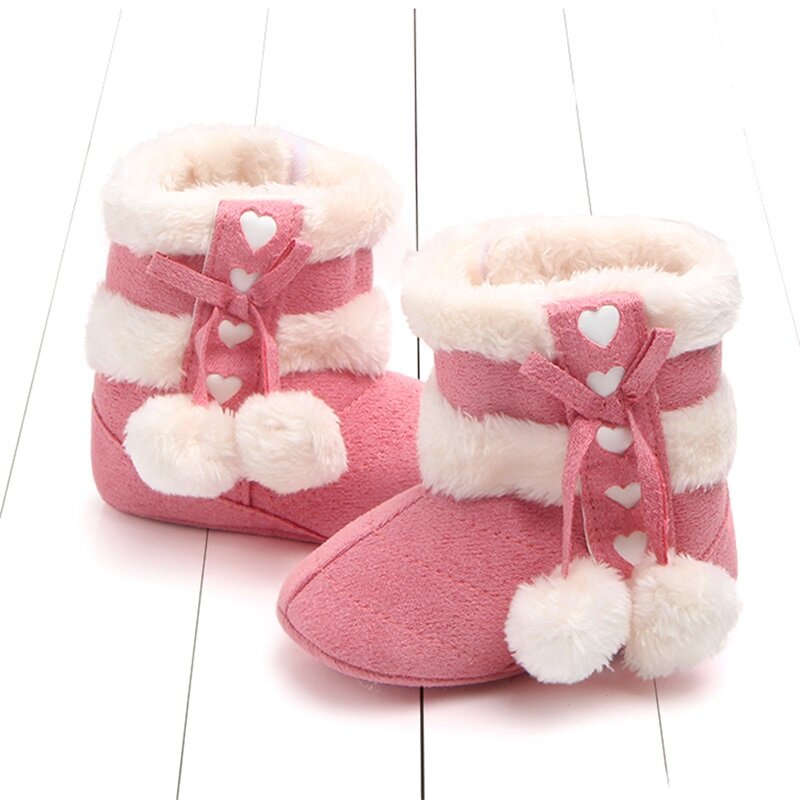 Зимние ботинки для новорожденных девочек на мягкой подошве, Нескользящие Симпатичные плюшевые теплые ботинки с бантиком и помпоном для снежной погоды, обувь для младенцев в кроватку