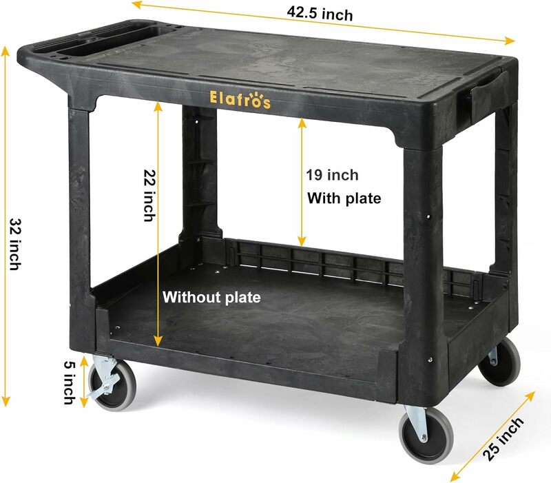 Large Heavy Duty Plastic Utility Cart Flat top 42.5 x 25 Inch - Work Cart Flat Shelves and Full Swivel Wheels Holds up to 550 lb