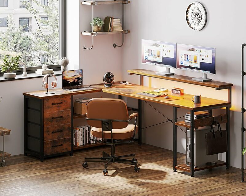 Стол в форме буквы L с выдвижным ящиком, компьютерный стол с розетками питания и искусственным светом, двусторонний угловой игровой стол для дома и офиса