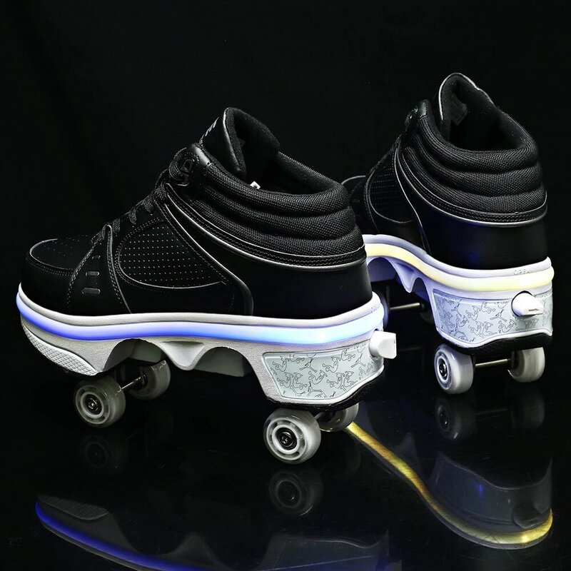 Chaussures de patins à roulettes unisexes, chaussures de déformation brillantes pour enfants et jeunes, baskets Parkour à la mode, 4 roues