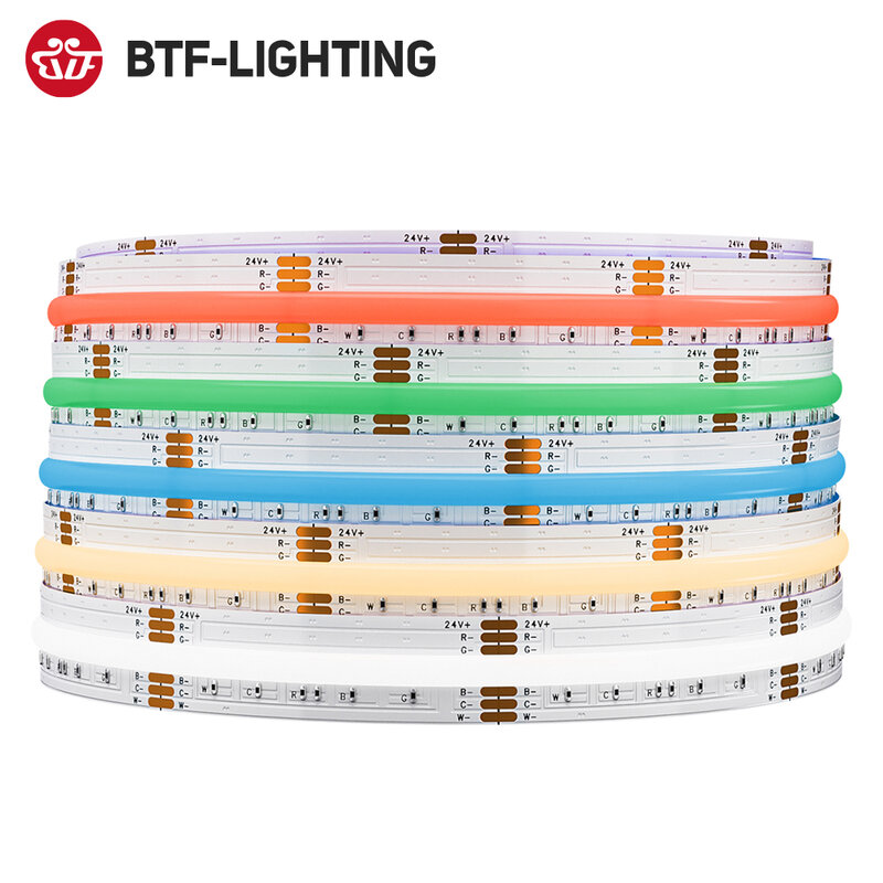 FCOB RGBCCT Strip lampu LED, 6 Pin 12mm DC24V 960 LED RGB CW WW FOB fleksibel COB lampu linier kepadatan tinggi RA90 dapat diredupkan 18W