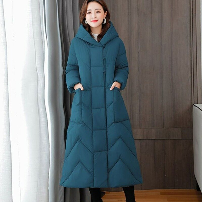 Jaket panjang Retro wanita, mantel bertudung santai parka longgar tebal hangat musim dingin 2023