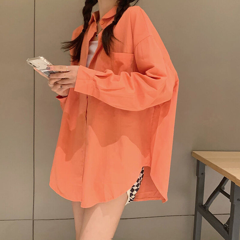 Blusa de manga larga para mujer, camisa holgada coreana que combina con todo, con bolsillo de Color liso, cuello tipo Polo, 2022
