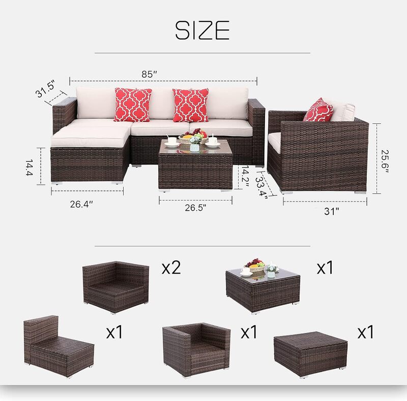 Mobília do pátio com almofadas laváveis do assento, PE Rattan, Wicker secional ao ar livre Sofá Set, sofá exterior, bege, 6pcs