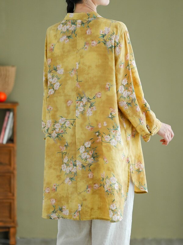 Blusa feminina de manga longa estilo chinês, camisa solta, tops grandes, estampa de flores, moda feminina, primavera, verão