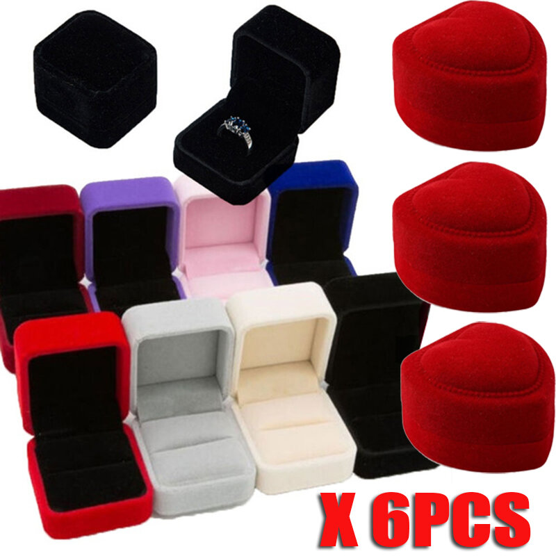 6PCS Square Red Velvet Ring Box Jewelry Case Storage Organizer Gift Earrings Packaging Box Portable Travel Wedding Wholesale