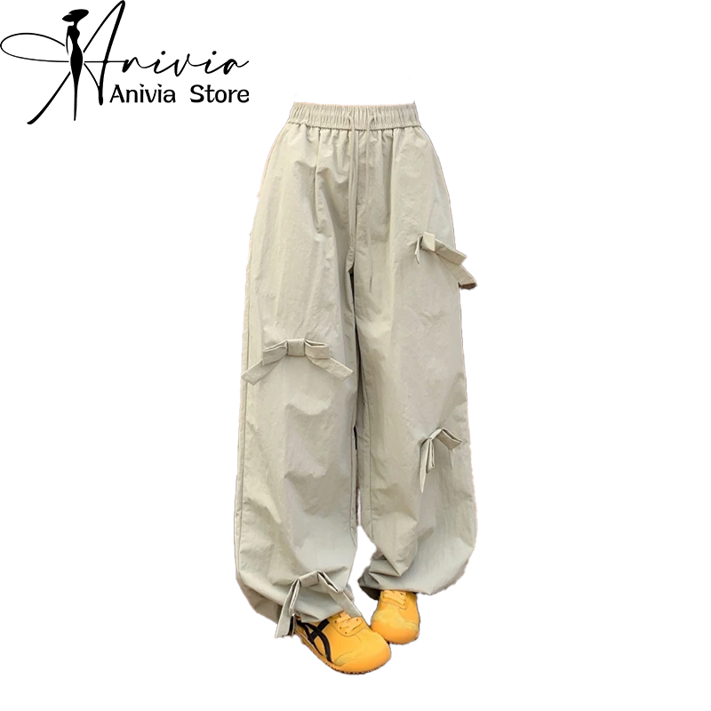 Damskie jasnozielone spodnie z kokardką Jogger Vintage Y2k Harajuku estetyczne workowate spodnie dresowe Oversize spodnie z wysokim stanem ubrania 2000s