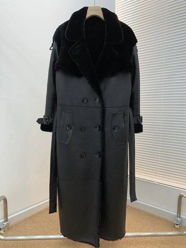 Luxury Women Long Real Leather Coat Winter New Warm Wool Overcoat Elegant Office Lady Full Sleeve Double Breasted Outerwear M-XL