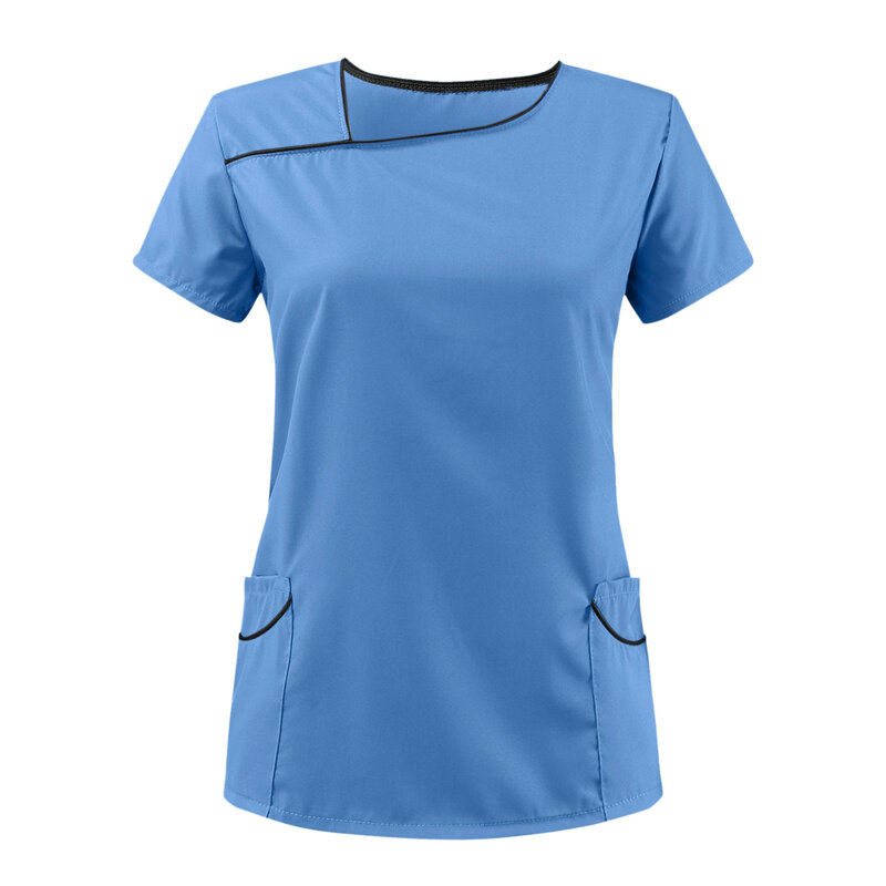 Seragam Atasan Scrub Warna Solid Seragam Perawat Wanita Saku Lengan Pendek Perawat Medis Blus Baju Menyusui