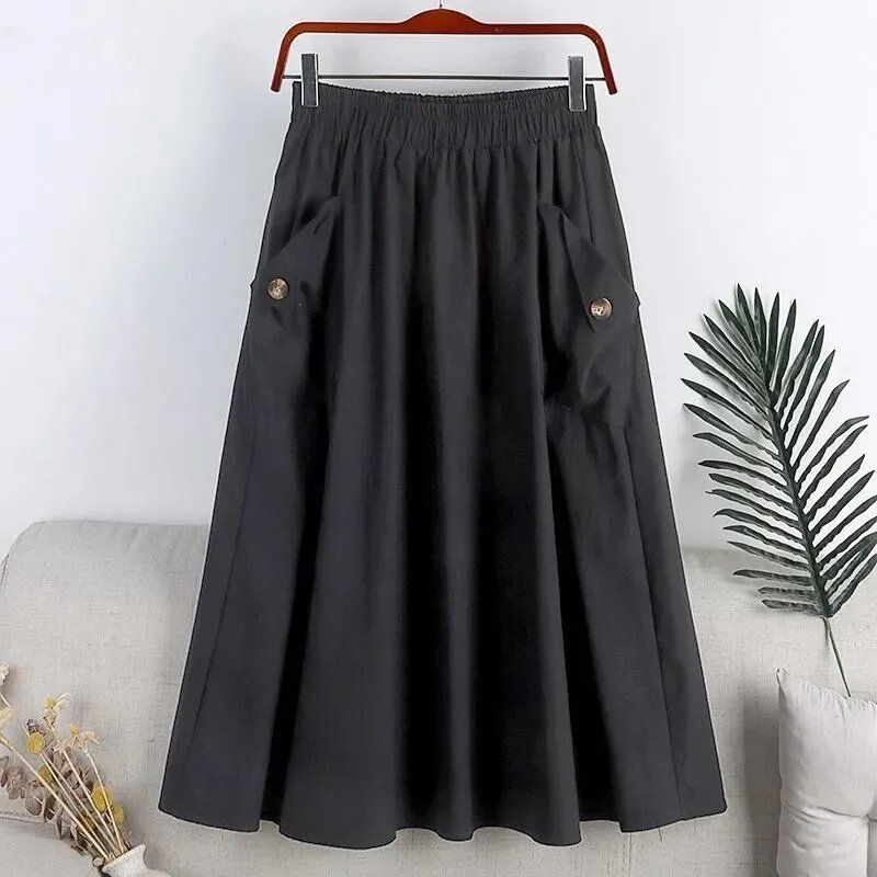 Vintage Fashion Pocket Button Swing A-line Skirt Women High Quality Elastic Waist Solid Color Casual Lady All-match Skirt