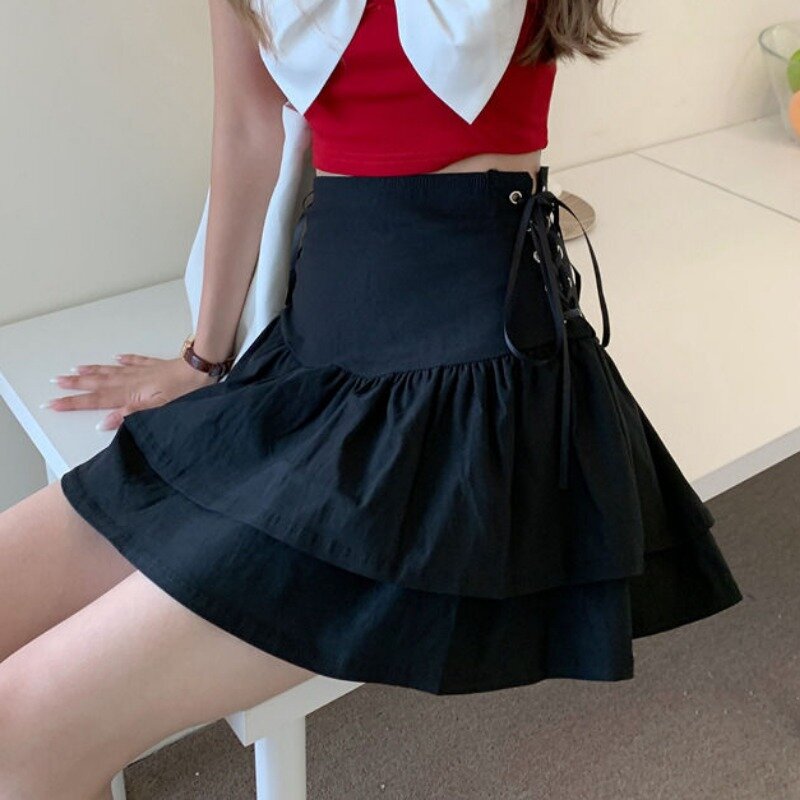 A-line Skirts for Women Black Solid Young Girls Clothing Summer High Street Fashion Korean Style Mini Sexy Ball Gown New Design