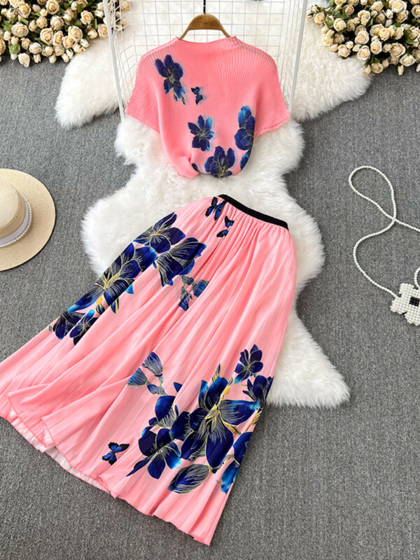 Verão moda flor saia terno feminino estiramento colorblock malha superior + cintura alta floral impresso saia férias duas peças conjunto
