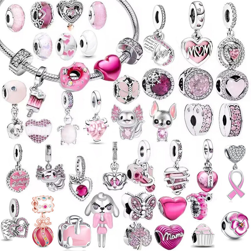 Authentic 925 Sterling Silver Pink Charme do Coração, Posição do Amor, Vidro Murano, Coração Dangle Beads, Fits Pandora Pulseira, Jóias, Original, Novo