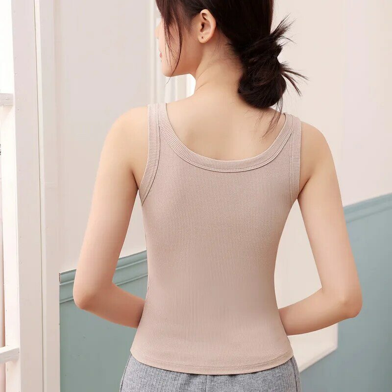 Female New Tight Inner Pair Solid Color Threaded Strap Tank Top Women'S Fashion Spring And Summer Versatile Round Neck Top