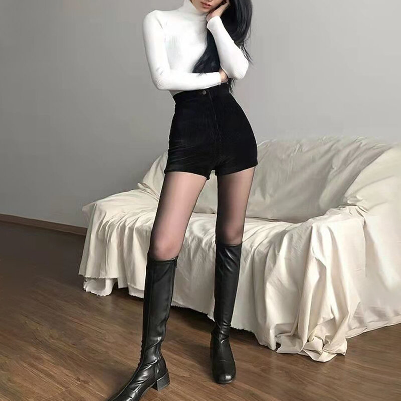 Celana Pendek Wanita Goth Hitam Celana Pendek Pinggang Tinggi Musim Semi Musim Gugur Mode Ketat Seksi Peregangan Y2K Korduroi Celana Kasual Wanita