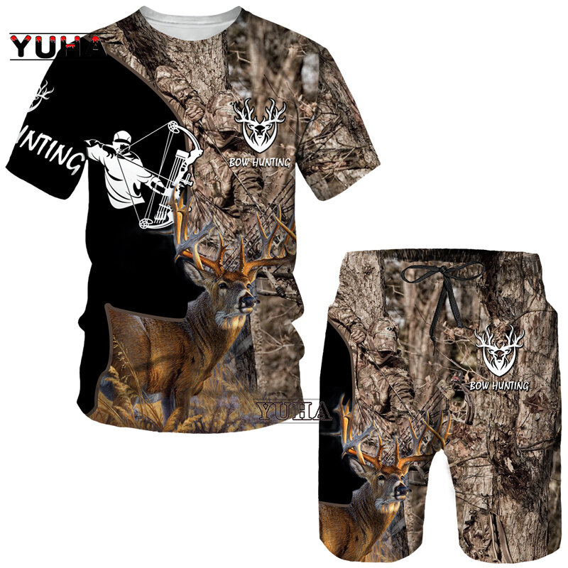 YUHA, polowanie letnie męskie 3D drukowane kamuflaż liście klonu T-Shirt/spodenki/garnitury Unisex Casual odzież sportowa outdoorowa krótki rękaw
