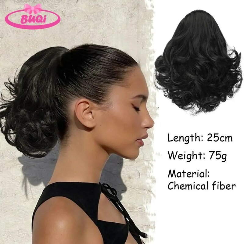 BuQi-extensiones de cabello postizo de cola de caballo para mujer, peine de extensión, pelo corto y rizado, cola Natural, postizo negro