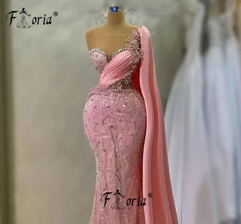 Elegant One Shoulder Beaded Formal Evening Dress Pink Crystal Dubai Arabic Wedding Party Gown Sparkly Rhinestone Robe De soireee
