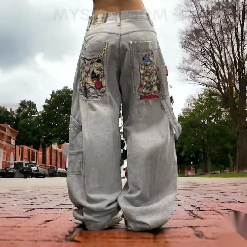 Jeans motif lucu Harajuku Eropa dan Amerika baru 2024 pria dan wanita mode jalanan longgar y2k celana panjang pel lantai kaki lebar