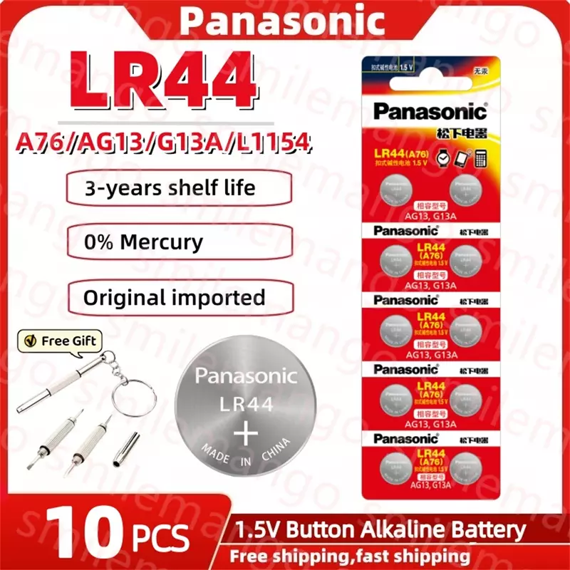 Panasonic-Bateria Alcalina para Relógio, Célula Botão, Calculadora, Brinquedo Elétrico, LR44, A76, AG13, LR1154, SR1154, SR44, GP76, 1.5V, 10Pcs