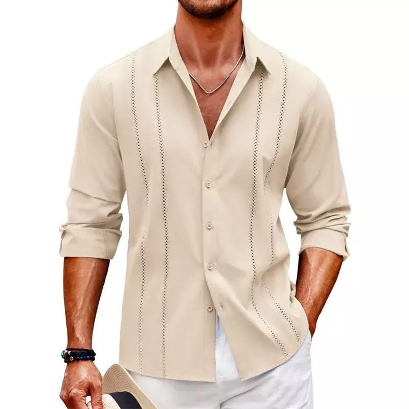 เสื้อเชิ้ตแขนยาวลูกไม้สำหรับผู้ชาย, เสื้อเชิ้ตผ้าลินินชายหาดกระดุมสีทึบใหม่เรียบง่าย