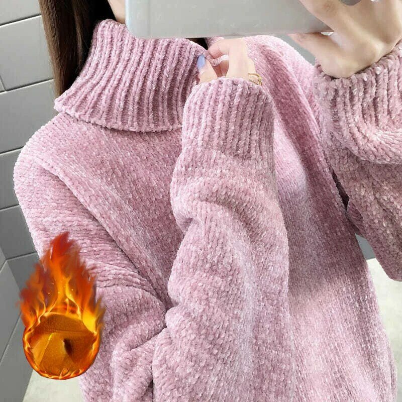 셔닐 터틀넥 스웨터 여성용, 한국 스타일, 단색, 두꺼운 풀오버 스웨터, 느슨한 레이지 스타일 스웨터, 가을 겨울