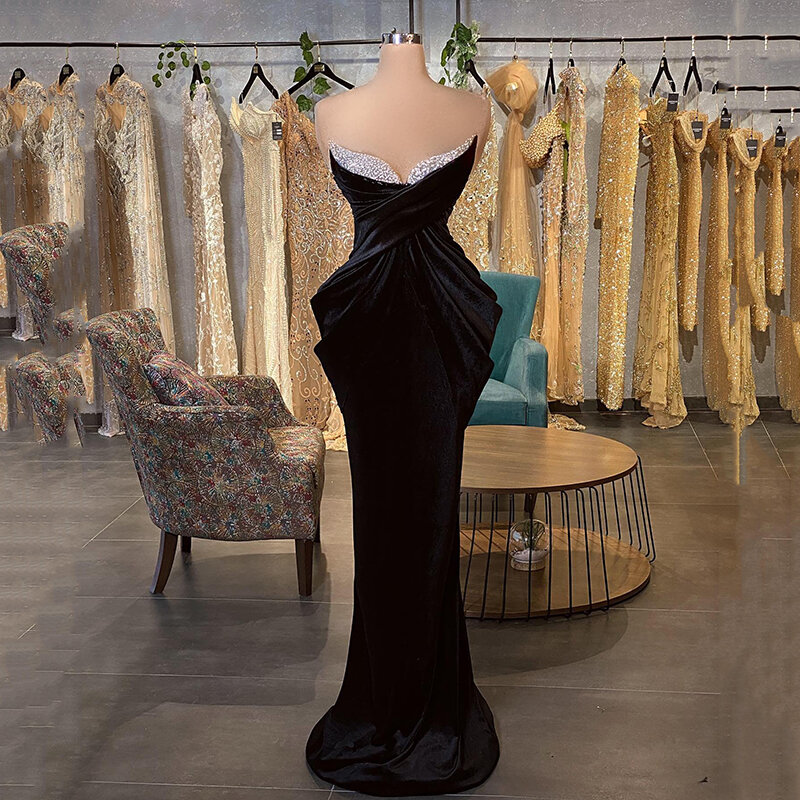 Thinyfull-vestidos negros de sirena para baile de graduación, vestido de noche con cuentas de terciopelo, escote Corazón, Arabia Saudita, Dubai, vestidos de fiesta de cóctel de talla grande