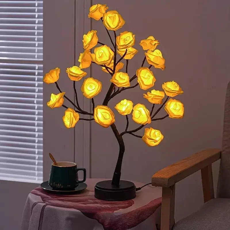 USB LED Rose Flower Tree Lights, Table Lamp, Fairy Night Lamp, Home Party, Natal, Casamento, Decoração do Quarto, Novidade Gift, 24 LEDs