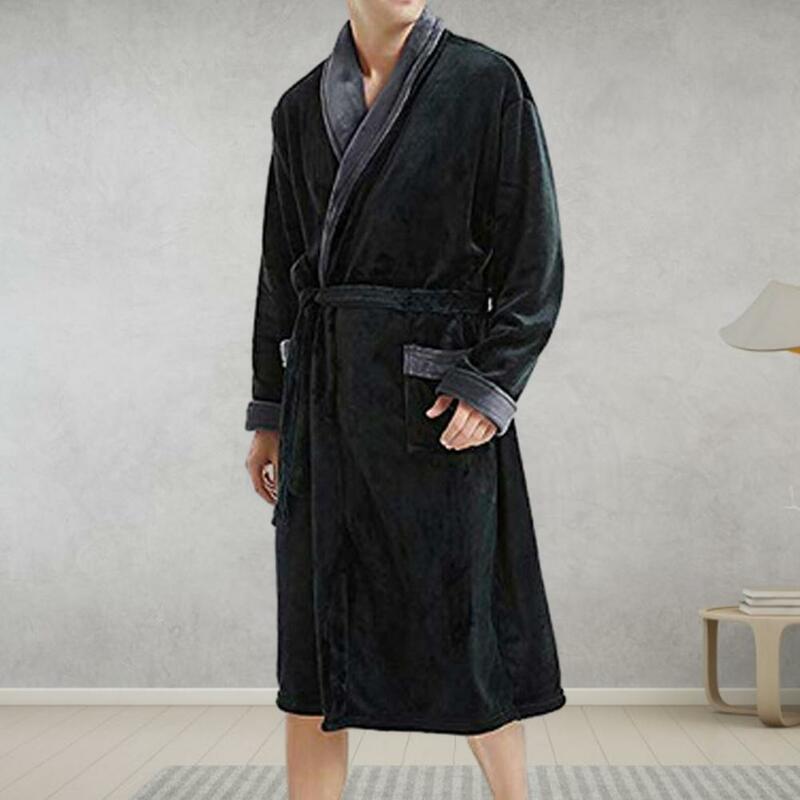 Winter Thick Robe Plush Coral Fleece Men's Winter Nightgown with Long Sleeve Tie Waist Pockets Great Water for Sleepwear