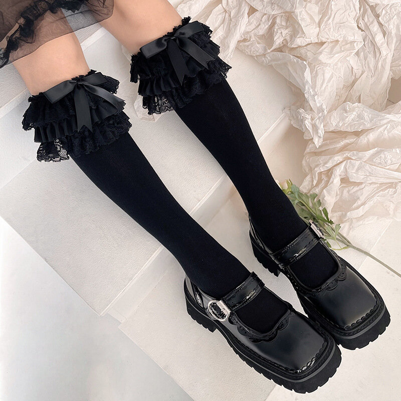 Lolita Kawaii Ruffle Socks calze da donna Cute Bow Sweet Girls calze al ginocchio stile giapponese nero bianco calze lunghe calze da donna